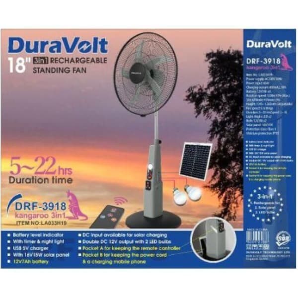Duravolt 18 Inches Rechargeable Solar Standing Fan+ Solar Panel